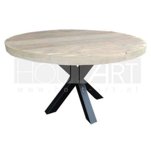 tafel rond eettafel steigerhout staal kruis kruispoot frame staal stalen ronde hout-art schijndel eerde