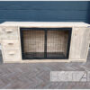 Dressoir bench steigerhout met stalen deur met lades van Hout-Art. staal, zwart, gepoedercoat, gaas, mesh, houtart, benchkast.