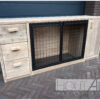 Dressoir bench steigerhout met stalen deur met lades van Hout-Art. staal, zwart, gepoedercoat, gaas, mesh, houtart, benchkast.