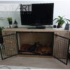 Dressoir bench steigerhout met stalen deur met lades van Hout-Art. staal, zwart, gepoedercoat, gaas, mesh, houtart, benchkast.