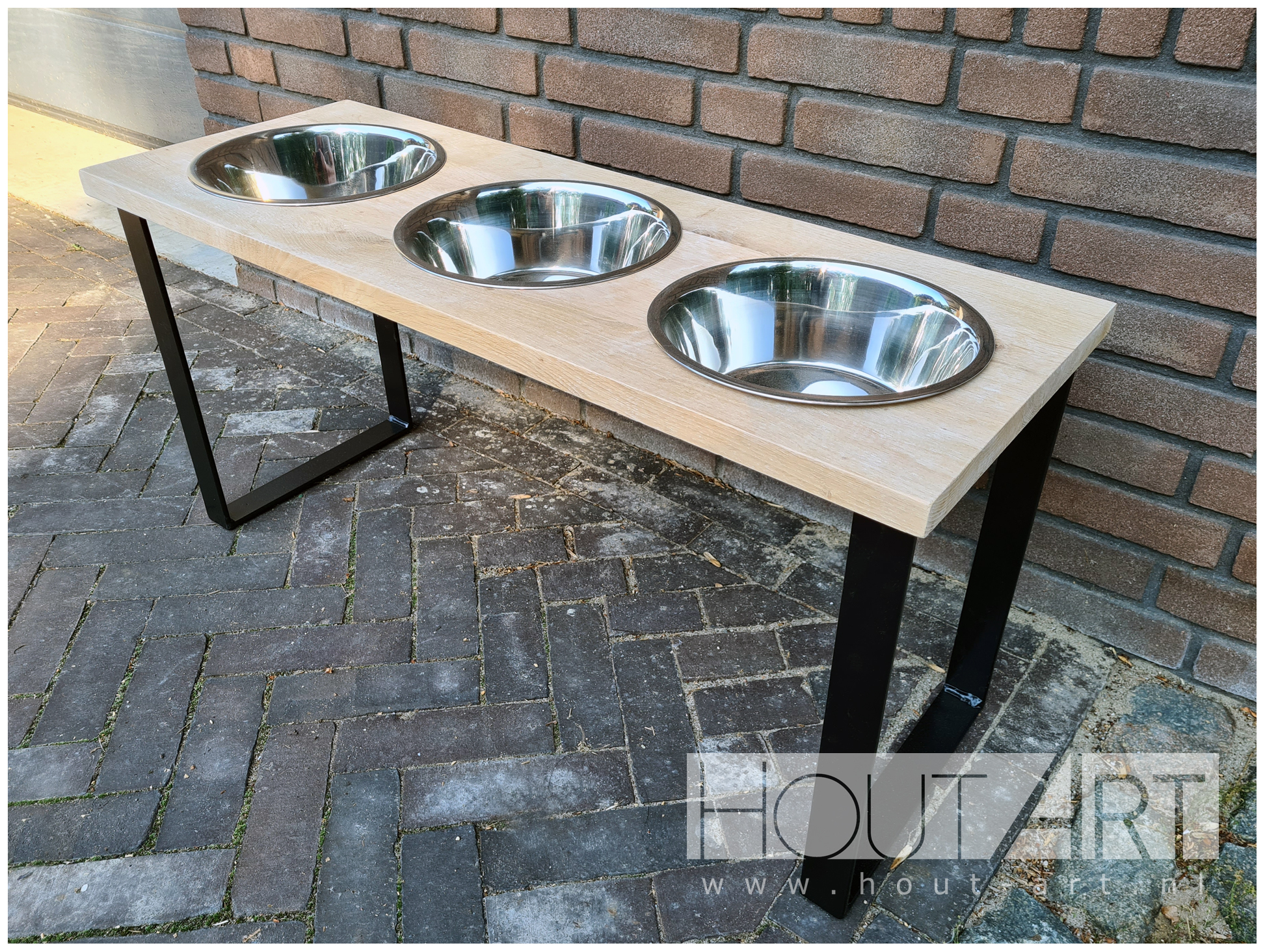 Eet drinkset eiken met staal, frame 3 bakjes van Hout-Art, voerbak, voerbakken, huisdieren, hond, kat, rvs, bakjes, modern, houtart.