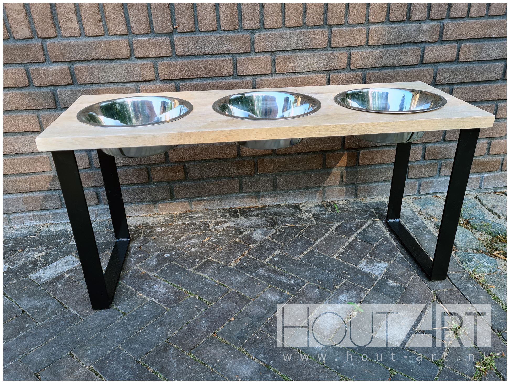 Eet drinkset eiken met staal, frame 3 bakjes van Hout-Art, voerbak, voerbakken, huisdieren, hond, kat, rvs, bakjes, modern, houtart.