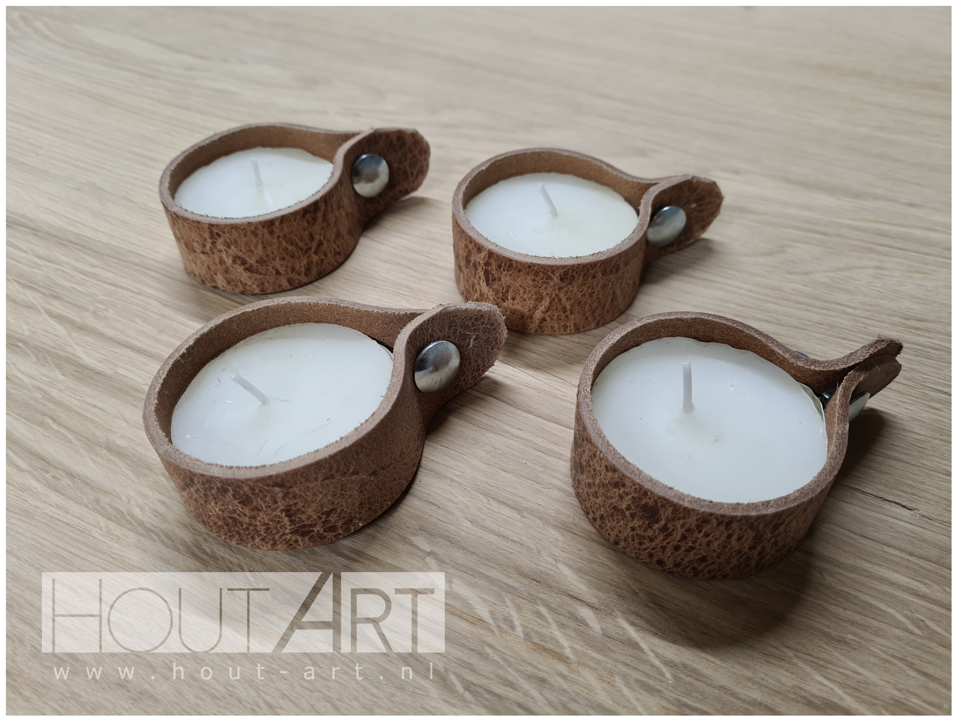 Kaarsenring leer met kaars bruin vortex van Hout-Art.