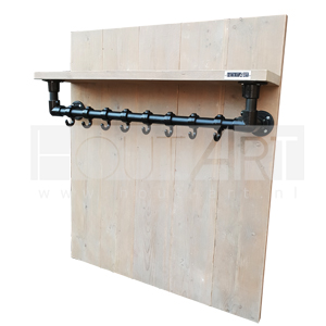 Kapstok Medium zwarte steigerbuis met steigerhout achterwand