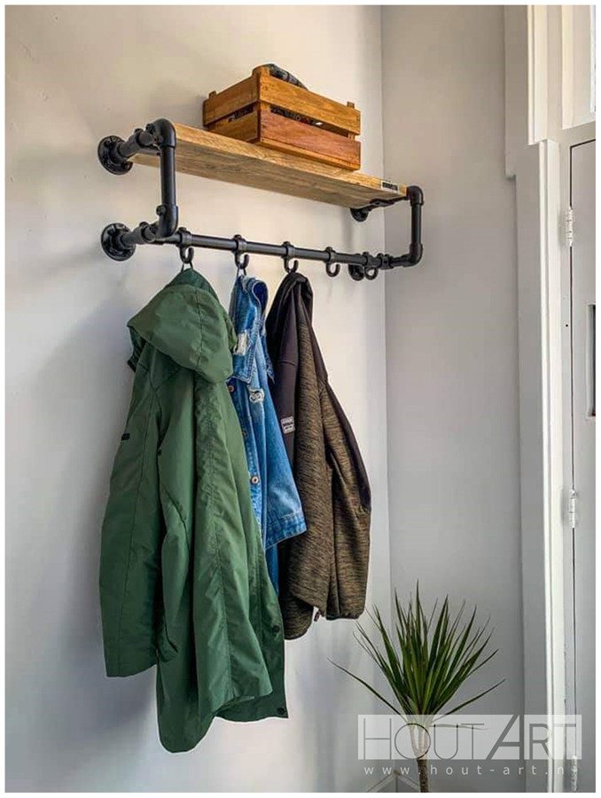Kapstok luxe zwarte steigerbuis met steigerhout van Hout-Art. steigerbuizen, zwart, gepoedercoat, modern, industrieel, haakjes, houtart.