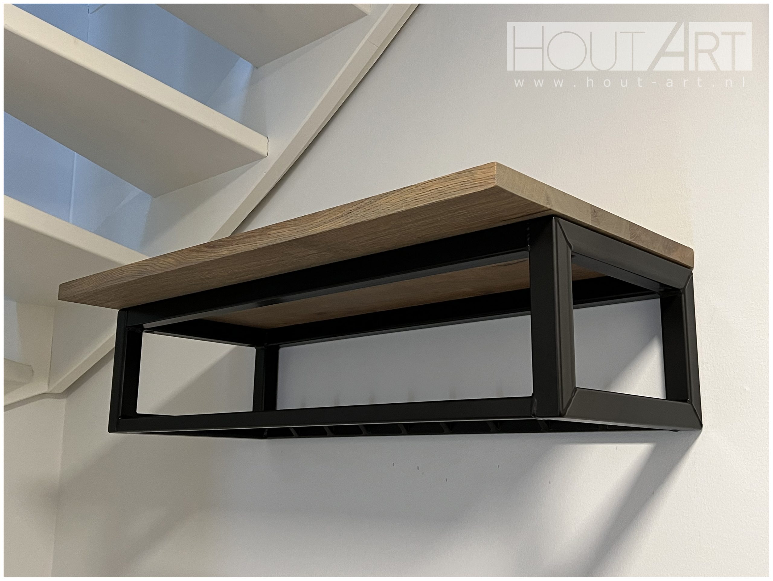 Kapstok hangend eiken stalen frame met haken van Hout-Art. industrieel, modern, staal, zwart, gepoedercoat, houtart.
