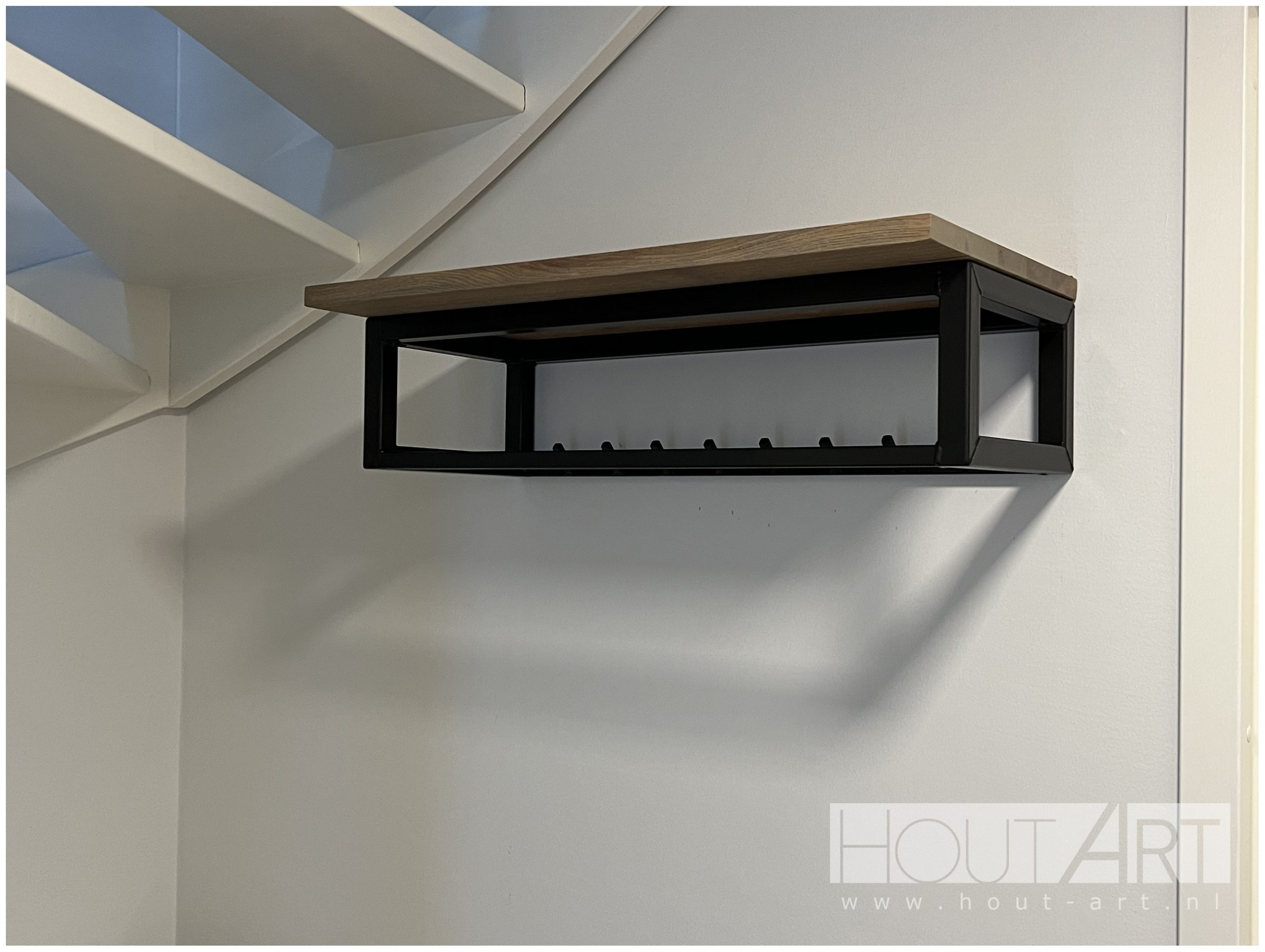 Kapstok hangend eiken stalen frame met haken van Hout-Art. industrieel, modern, staal, zwart, gepoedercoat, houtart.
