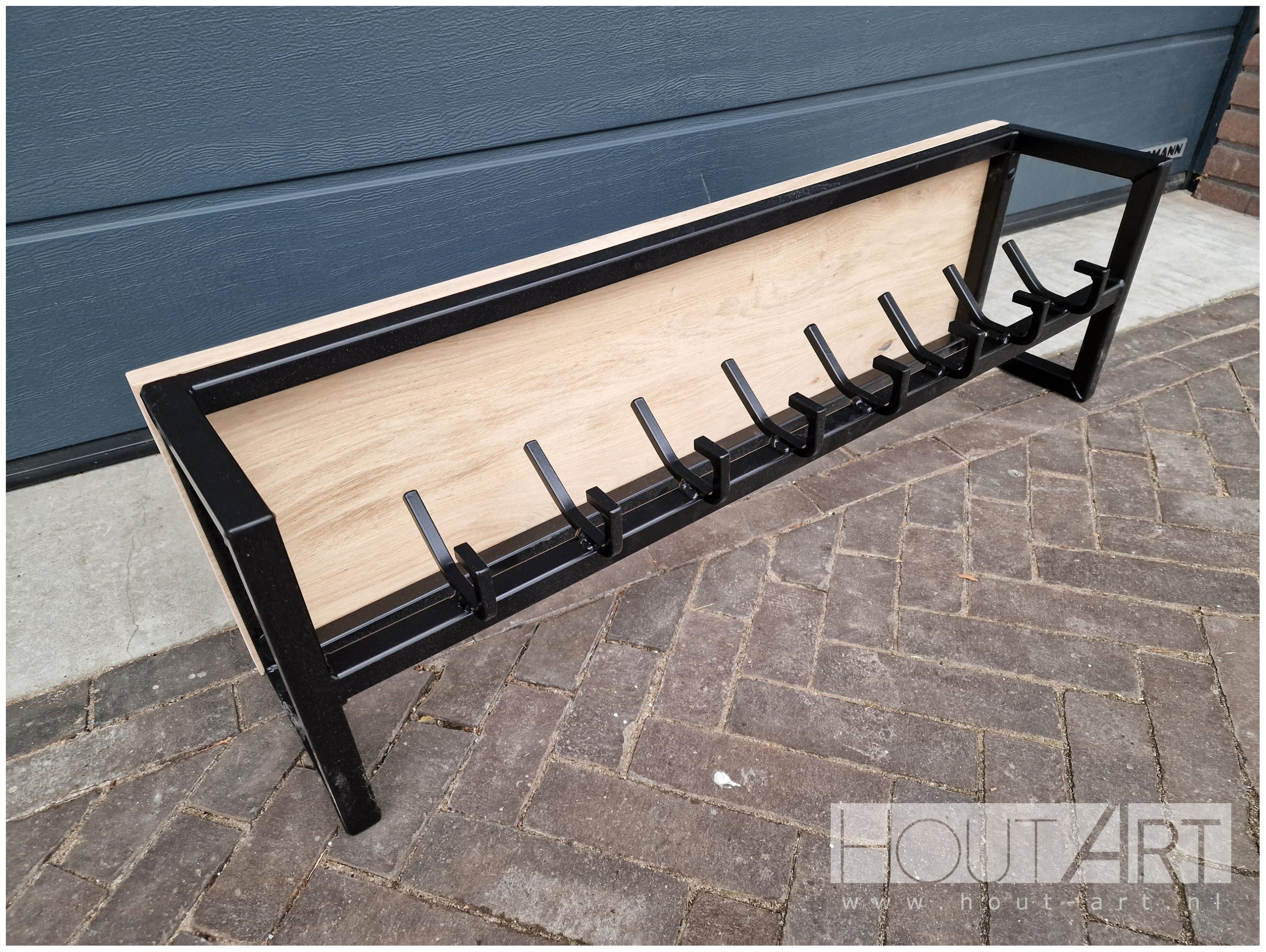 Kapstok hangend eiken stalen frame met luxe grote haken van Hout-Art. industrieel, modern, staal, zwart, gepoedercoat, houtart.
