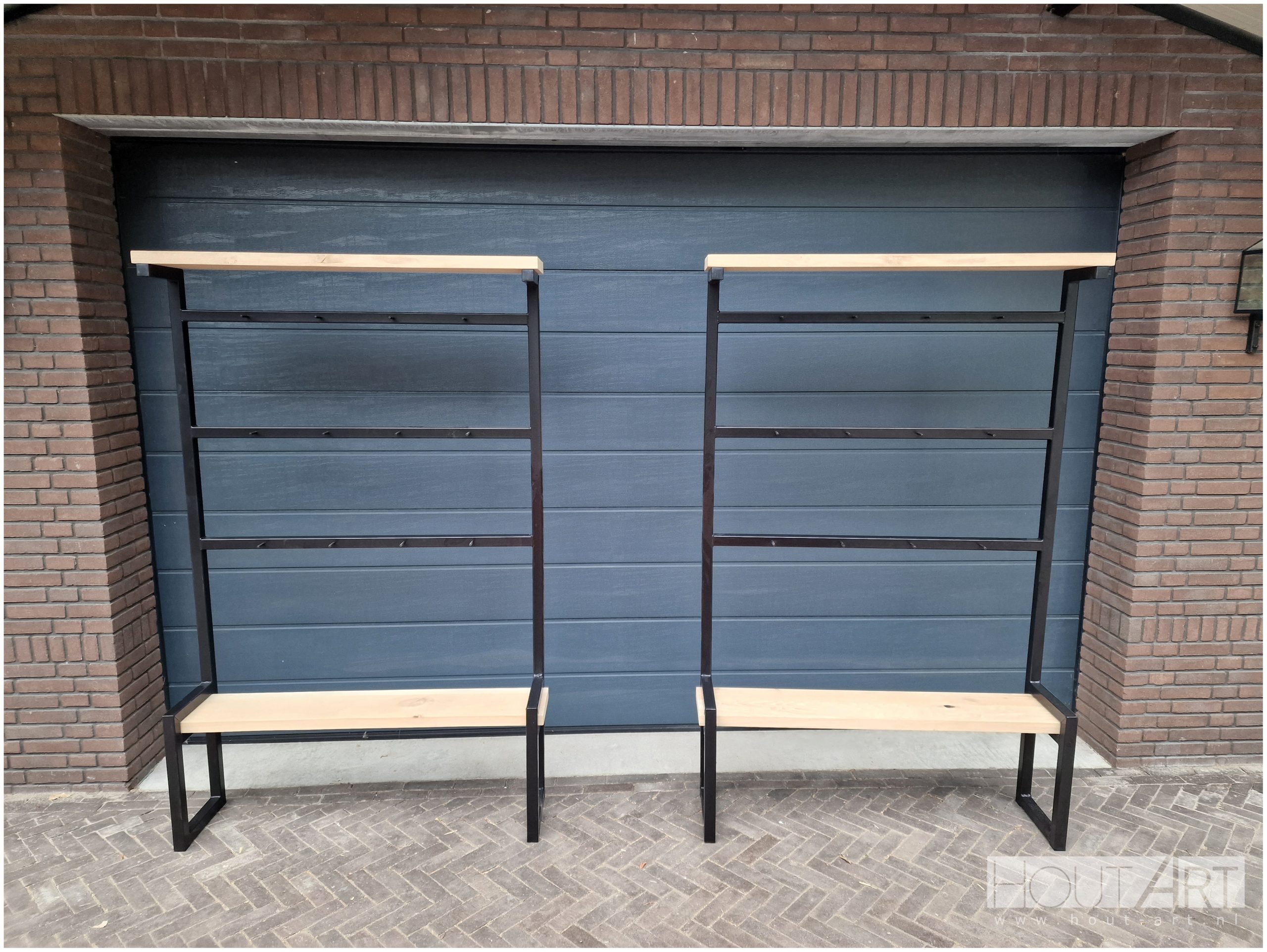 Kapstok rondo staal met eiken van Hout-Art. stalen frame, haakjes, zwart, gepoedercoat, modern, industrieel, kapstokken, bankje, houtart.