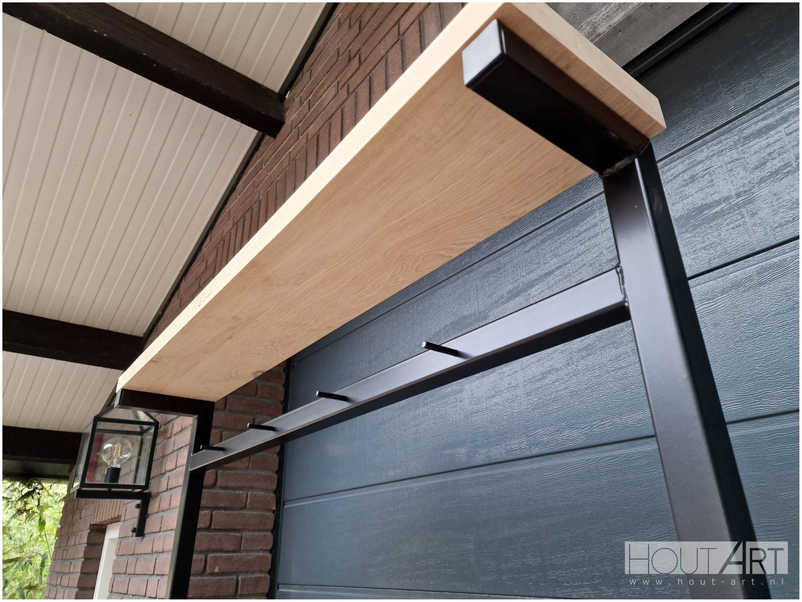 Kapstok rondo staal met eiken van Hout-Art. stalen frame, haakjes, zwart, gepoedercoat, modern, industrieel, kapstokken, bankje, houtart.