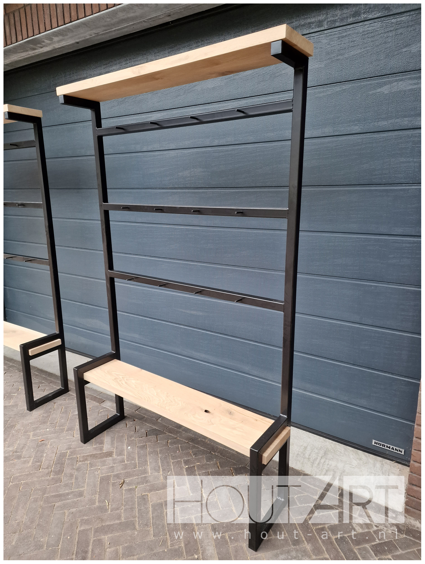 Kapstok rondo staal met eiken van Hout-Art. stalen frame, haakjes, zwart, gepoedercoat, modern, industrieel, kapstokken, bankje, houtart.