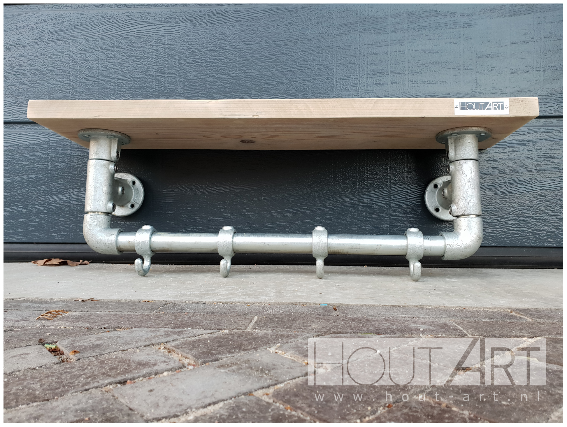 Kapstok medilux verzinkte steigerbuis met steigerhout van Hout-Art. steigerbuizen, zwart, gepoedercoat, modern, industrieel, haakjes, houtart.