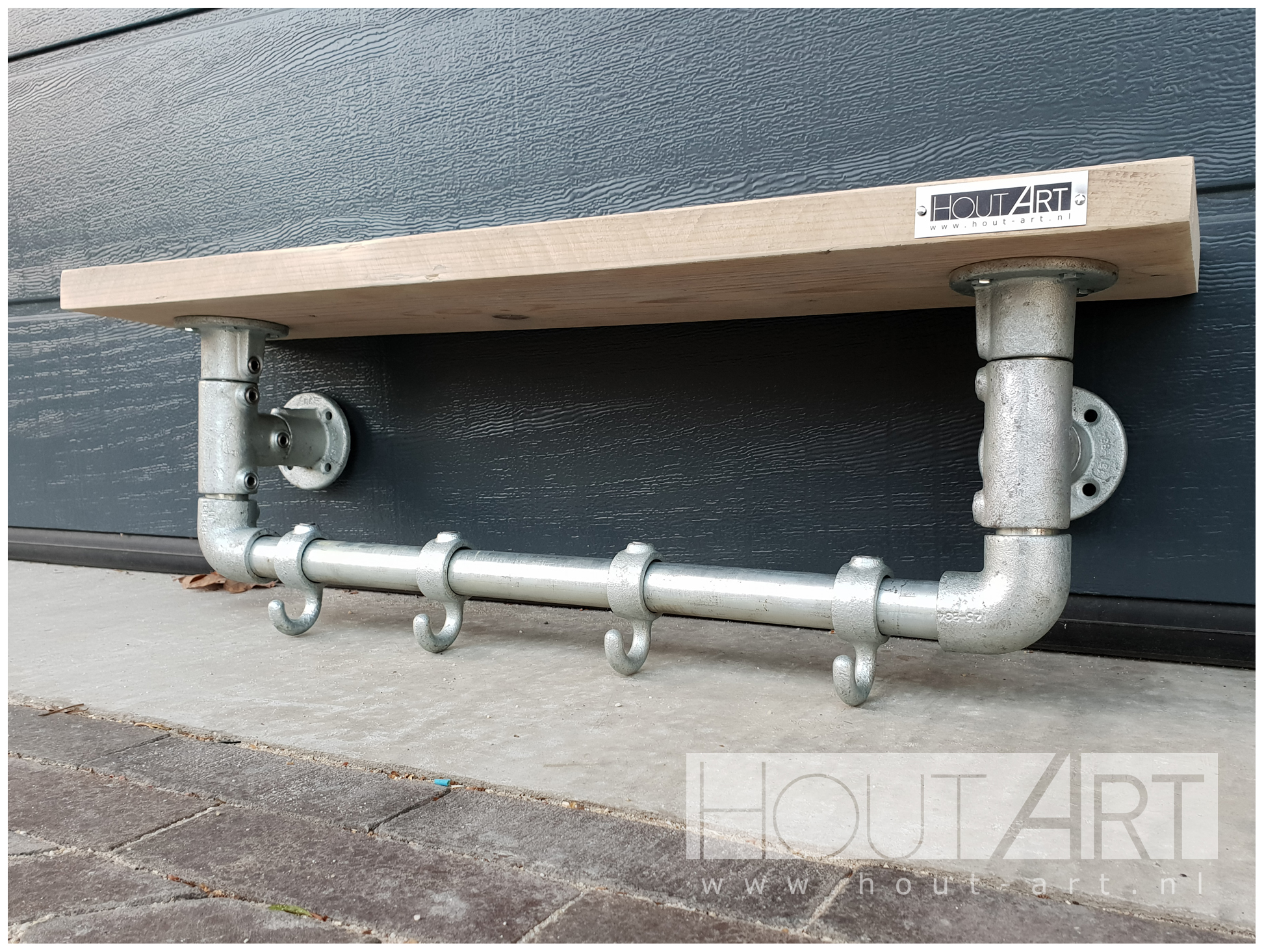 Kapstok medilux verzinkte steigerbuis met steigerhout van Hout-Art. steigerbuizen, zwart, gepoedercoat, modern, industrieel, haakjes, houtart.