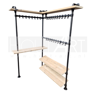 Hoekkapstok Deluxe met schoenenrek zwarte steigerbuis met steigerhout