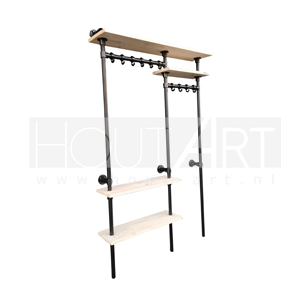 Kapstok staand met schoenenplank zwarte steigerbuis met steigerhout