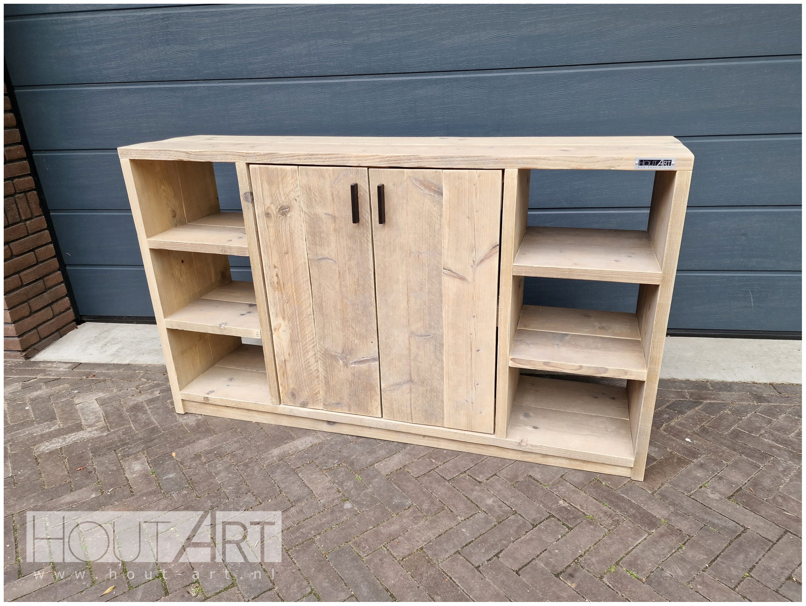 Dressoir kast steigerhout deuren open vakken steigerhout van Hout-Art. steigerhouten, handgreep, open vak, houtart.