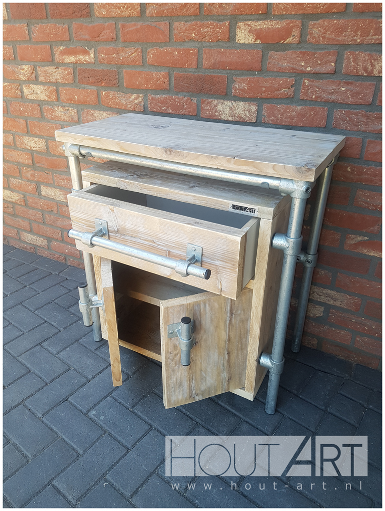 Kast Revento verzinkte steigerbuis lade en deuren met steigerhout van Hout-Art. steigerbuizen, industrieel, modern, koppeling, handgreep.