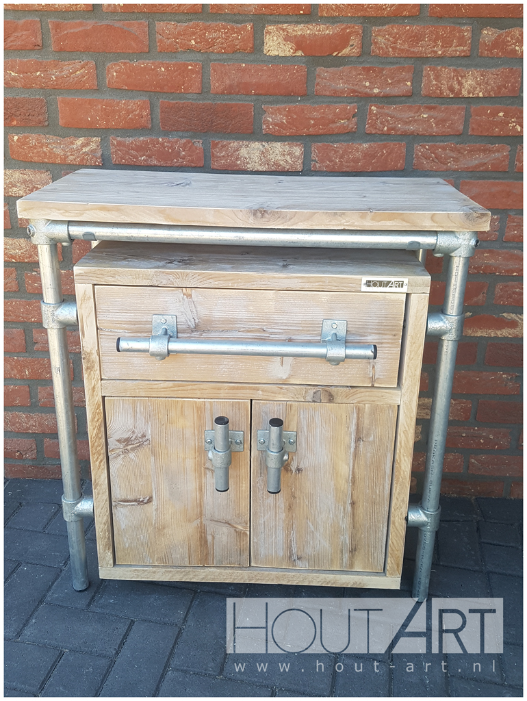 Kast Revento verzinkte steigerbuis lade en deuren met steigerhout van Hout-Art. steigerbuizen, industrieel, modern, koppeling, handgreep.