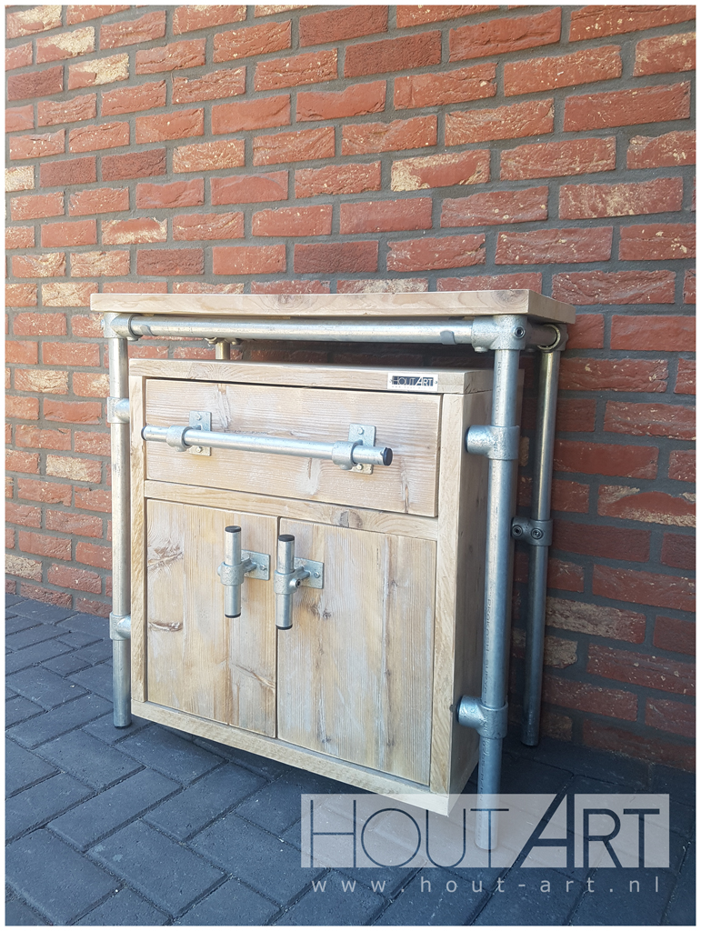 Kast Revento verzinkte steigerbuis lade en deuren met steigerhout van Hout-Art. steigerbuizen, industrieel, modern, koppeling, handgreep.