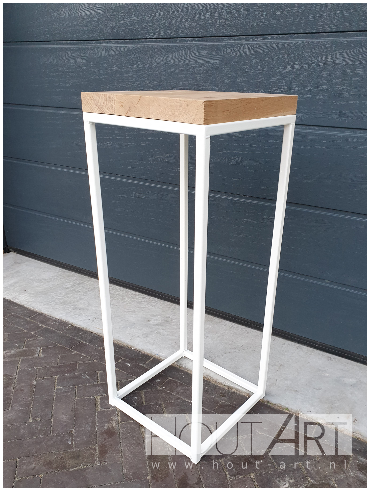 Zuil sokkel stalen kubus frame met eiken van Hout-Art. zwart, gepoedercoat, hout, plantenzuil, decoratie, houtart.