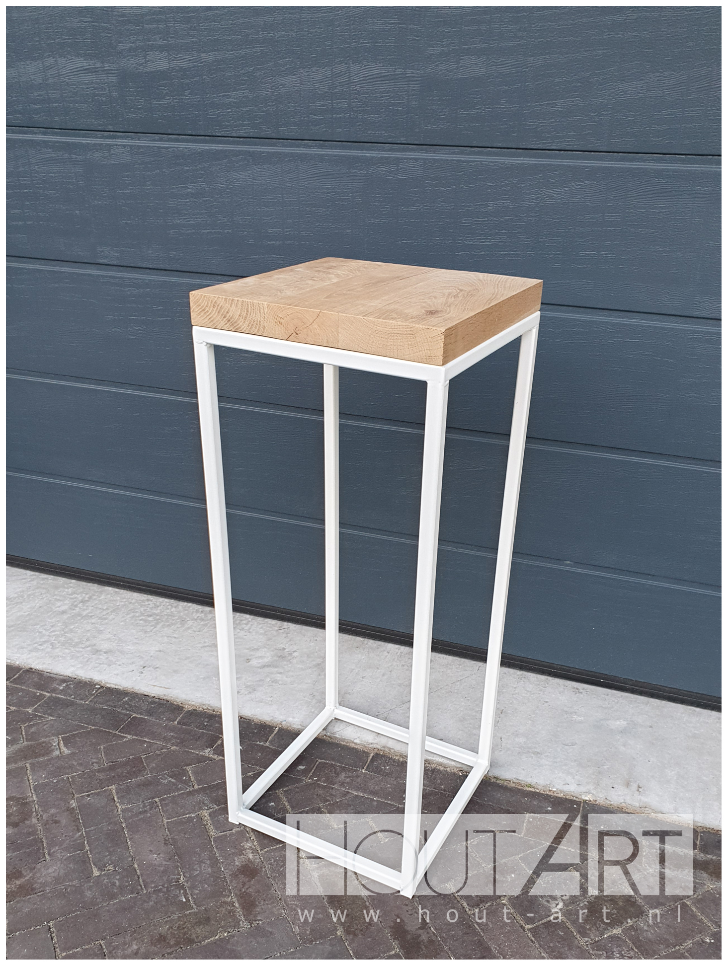 Zuil sokkel stalen kubus frame met eiken van Hout-Art. zwart, gepoedercoat, hout, plantenzuil, decoratie, houtart.