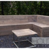 Hoek loungebank dicht steigerhout van Hout-Art. Tuinmeubel, loungeset, gebruikt hout, buitenkeuken, vuurtafel, tuinmeubels, houtart.