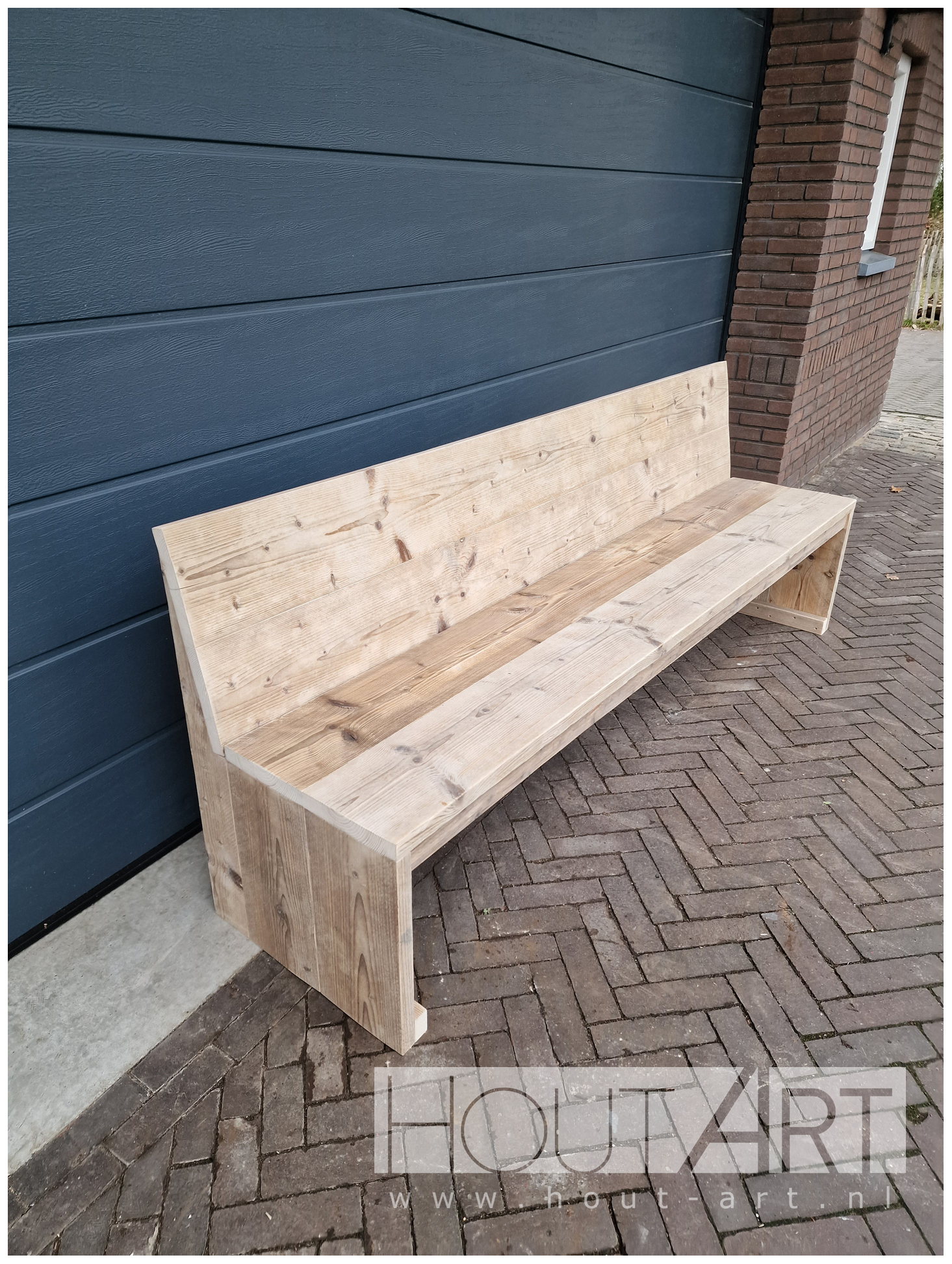 Bank steigerhout met rugleuning van Hout-Art. tuinbank, tuintafel, tafel, gebruikt hout, landelijk, terras, houtart.