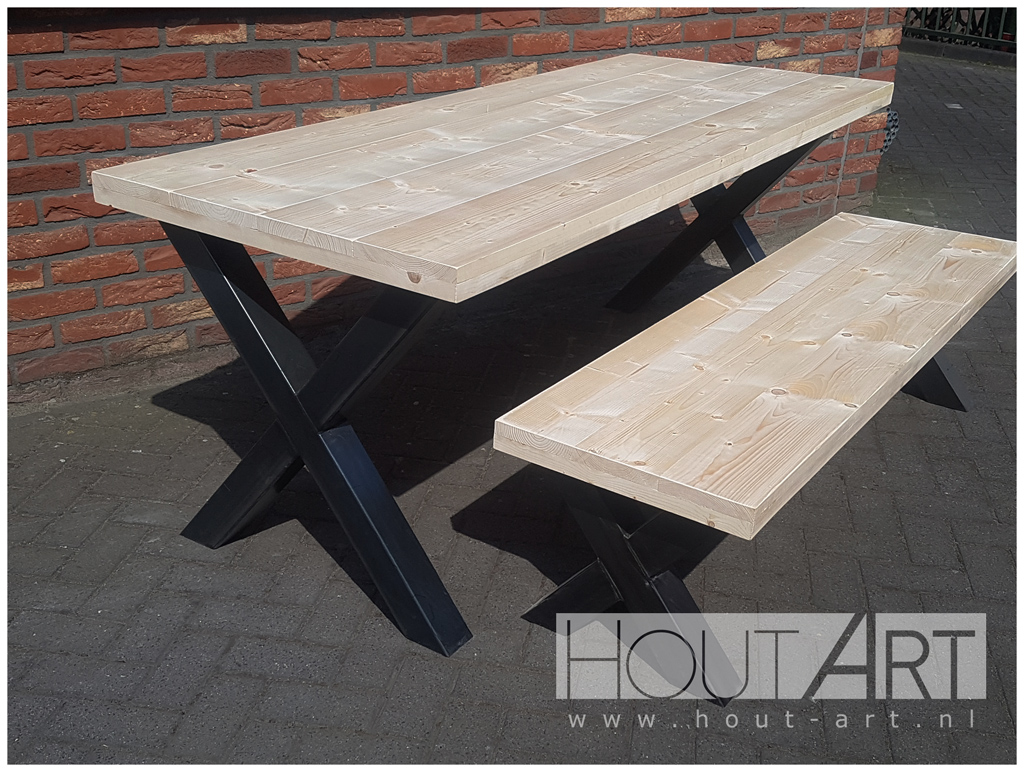 Bank x-poot staal met steigerhout van Hout-Art. tuinbank, tafel, tuintafel, gepoedercoat staal, frames, houtart.