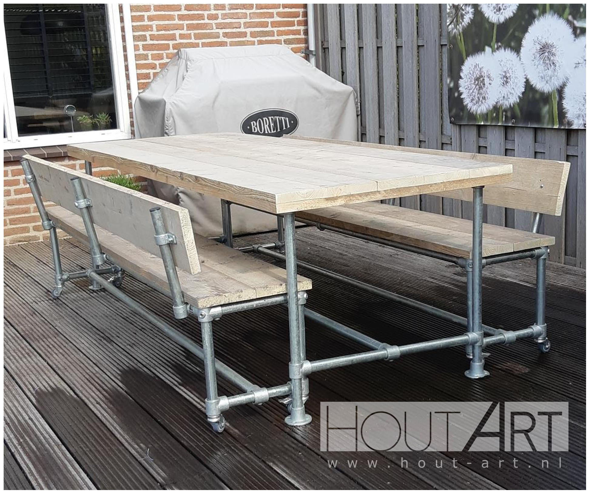 Bank verzinkte steigerbuis met rugleuning steigerhout van Hout-Art. steigerbuizen, tuinbank, tuintafel, tafel, gebruikt hout, landelijk, terras, houtart.