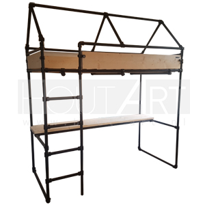 Hoogslaper HUIS zwarte steigerbuis met steigerhout