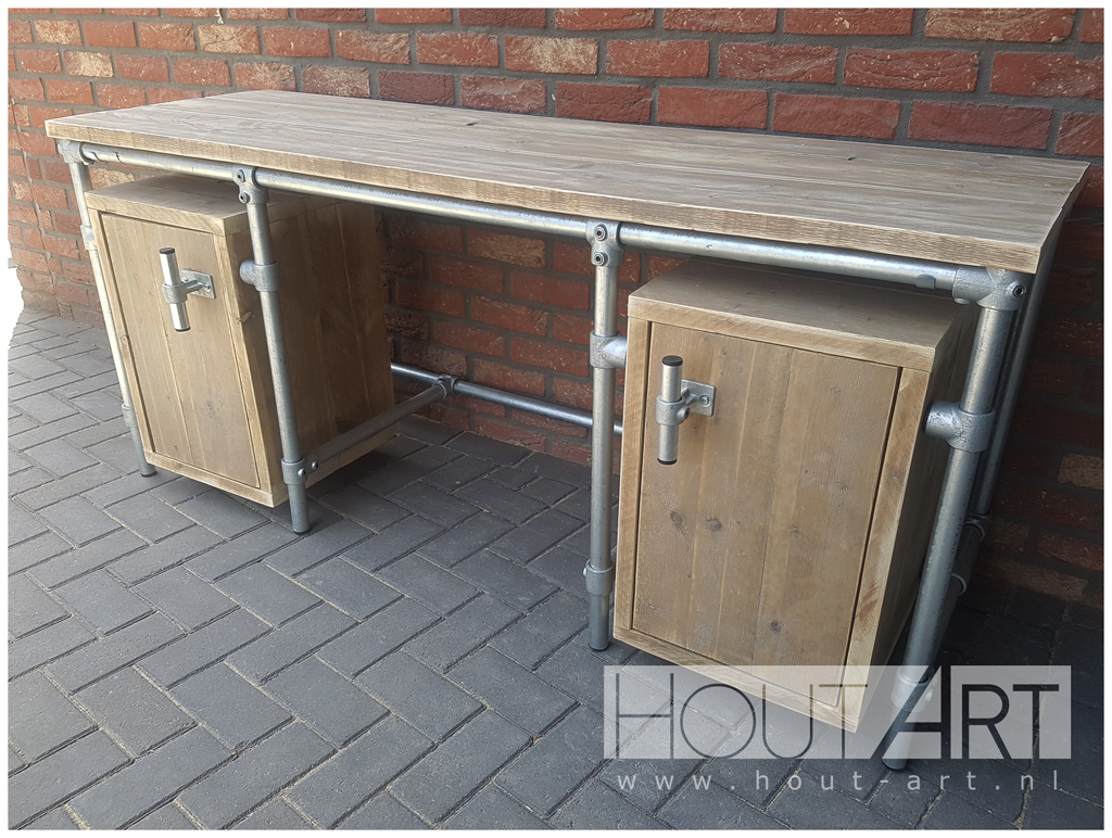 Bureau verzinkte steigerbuis 2 zwevende kasten met steigerhout van Hout-Art.