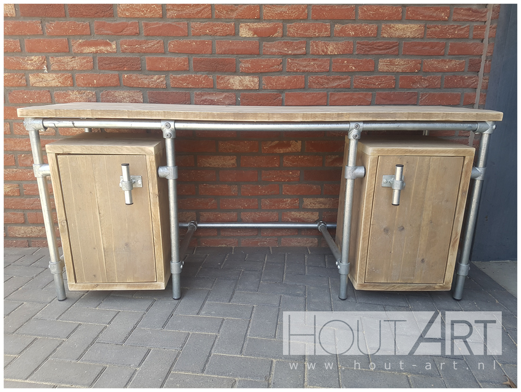 Bureau verzinkte steigerbuis 2 zwevende kasten met steigerhout van Hout-Art.