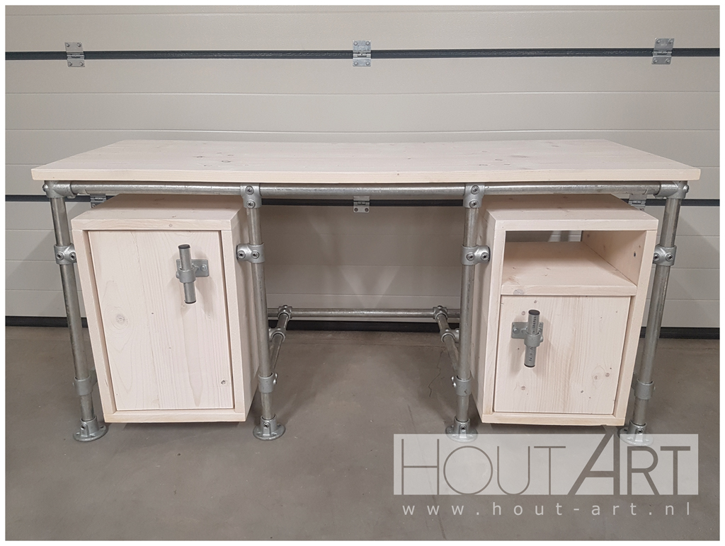 Bureau verzinkte steigerbuis 2 zwevende kasten met steigerhout van Hout-Art.