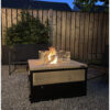 Vuurtafel inbouwbrander salontafel stalen kubus design met steigerhout van Hout-Art. terrasverwarming