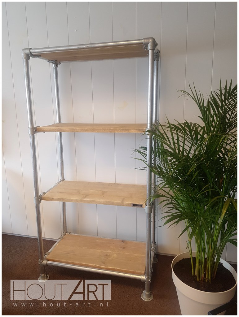 Stellingkast verzinkte steigerbuis met steigerhout van Hout-Art. Industrieel, modern, zwart, gepoedercoat, poedercoating, steigerbuizen, buizen, houtart.