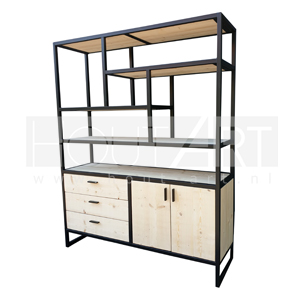 Vakkenkast XL stalen frame met lades en deuren steigerhout