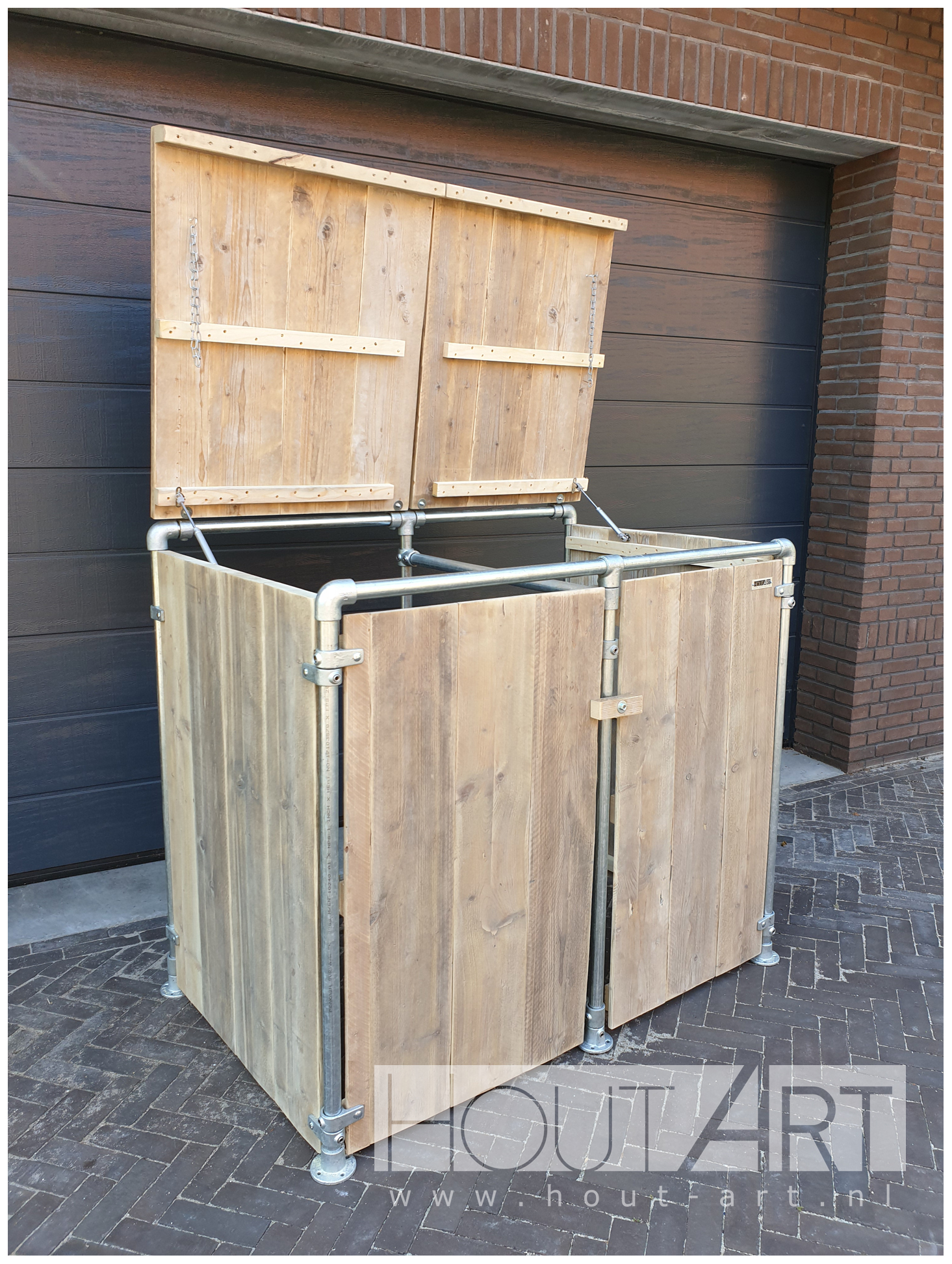 Kliko ombouw verzinkte steigerbuis met steigerhout van Hout-Art. klikombouw, kliko's, kast, gebruikt hout, tuin, tuinmeubel, houtart.