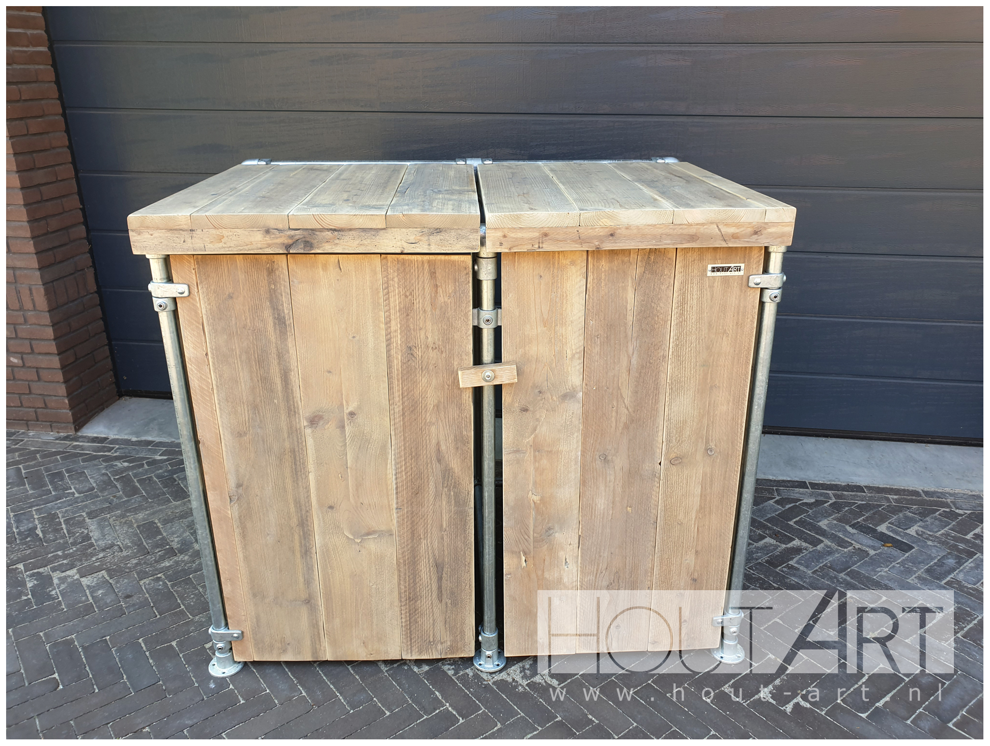 Kliko ombouw verzinkte steigerbuis met steigerhout van Hout-Art. klikombouw, kliko's, kast, gebruikt hout, tuin, tuinmeubel, houtart.