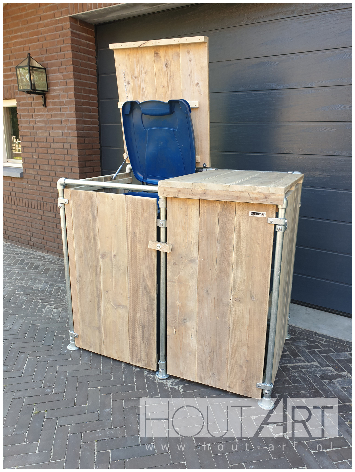 Kliko ombouw verzinkte steigerbuis met steigerhout van Hout-Art. klikombouw, kliko's, kast, gebruikt hout, tuin, tuinmeubel, houtart.