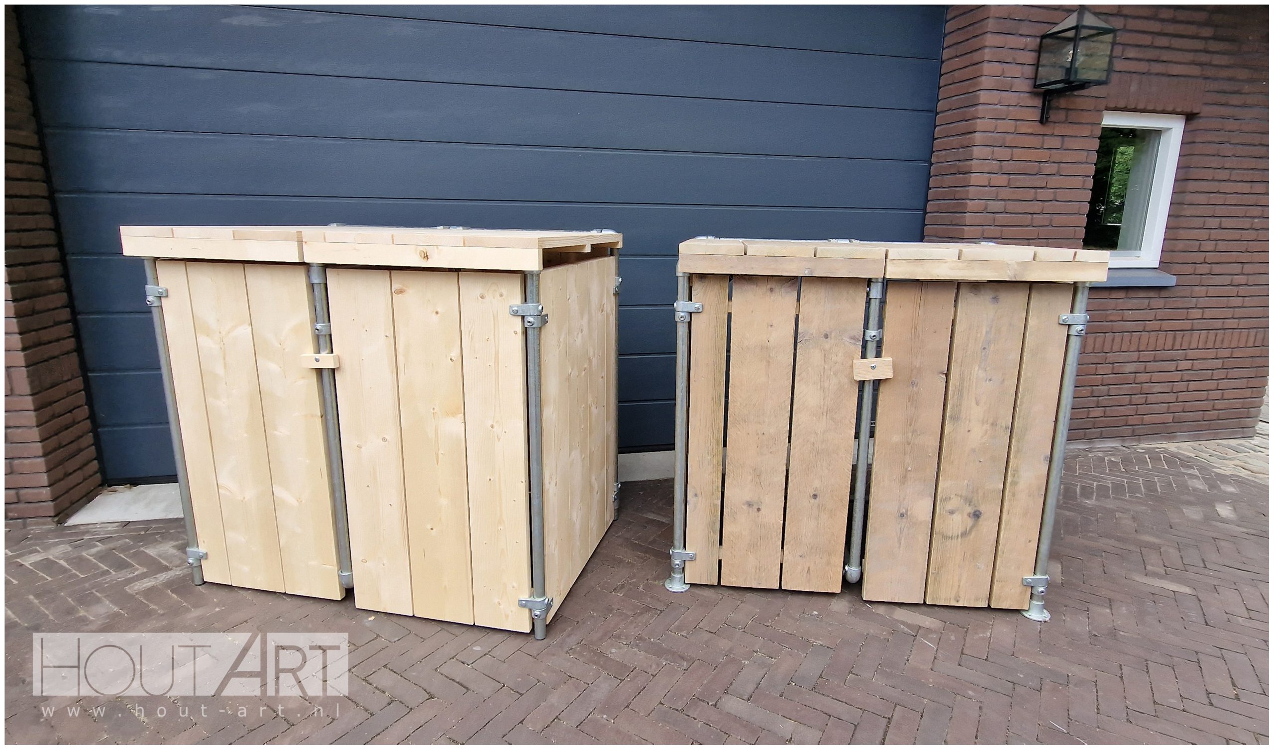 Kliko ombouw verzinkte steigerbuis met steigerhout van Hout-Art. klikombouw, kliko's, kast, gebruikt hout, tuin, tuinmeubel, houtart.