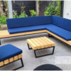 Douglas tuinmeubels tuinset loungebank en loungestoel met hocker en maatwerk kussens stalen frame industrieel van Hout-Art.