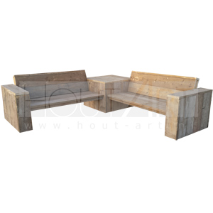 Hoek loungebank open met tafel steigerhout