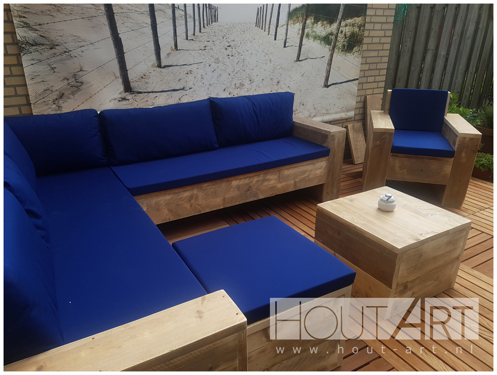 Hoek loungebank open net armleuningen steigerhout van Hout-Art. Tuinmeubel, loungeset, gebruikt hout, buitenkeuken, vuurtafel, tuinmeubels, houtart.