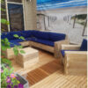 Hoek loungebank open net armleuningen steigerhout van Hout-Art. Tuinmeubel, loungeset, gebruikt hout, buitenkeuken, vuurtafel, tuinmeubels, houtart.