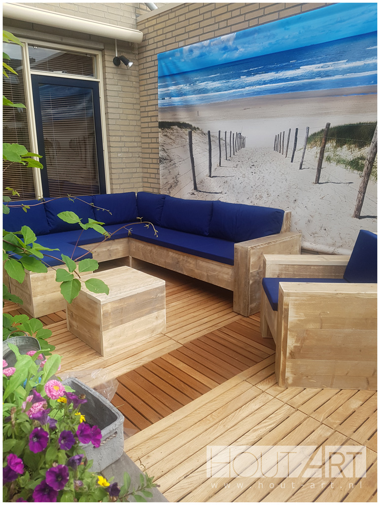 Hoek loungebank open net armleuningen steigerhout van Hout-Art. Tuinmeubel, loungeset, gebruikt hout, buitenkeuken, vuurtafel, tuinmeubels, houtart.