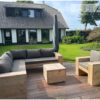 Hoek loungebank open net armleuningen steigerhout van Hout-Art. Tuinmeubel, loungeset, gebruikt hout, buitenkeuken, vuurtafel, tuinmeubels, houtart.