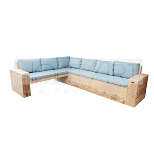 Hoek loungebank half open met armleuning steigerhout