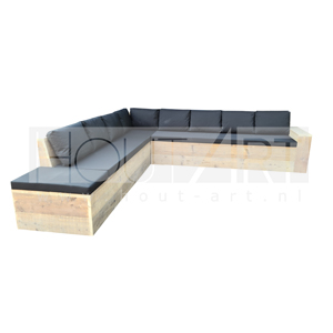 Hoek loungebank dicht met één armleuning en chaise lounge steigerhout