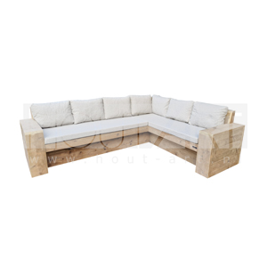 Hoek loungebank terugliggend met armleuningen steigerhout