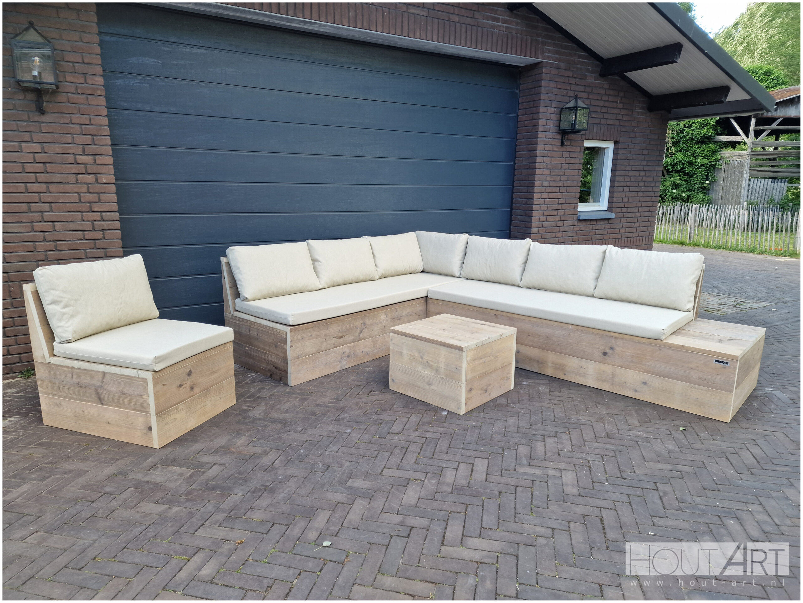 Loungestoel steigerhout dichte onderkant van Hout-Art. tuinmeubel, loungeset, gebruikt hout, loungebank, hocker, bijzettafel, houtart.